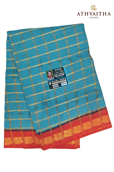 Rani Sungudi Premium Cotton Big Zari Checks- Sky Blue