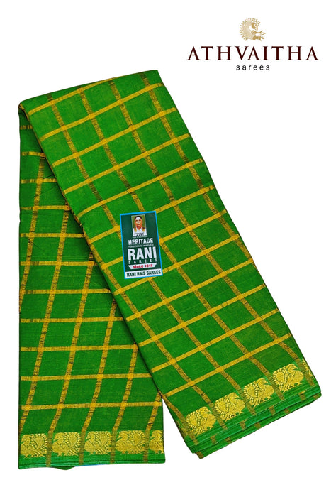 Rani Sungudi Cotton Big Zari Checks Self - OliveGreen