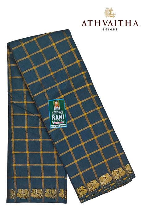 Rani Sungudi Cotton Big Zari Checks Self - PeacockBlue