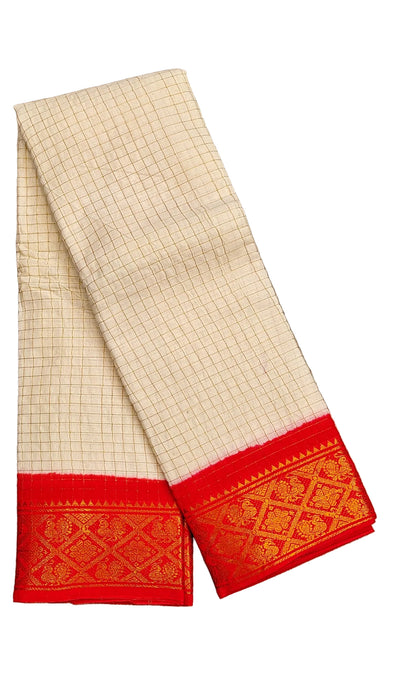 Rani Sungudi Cotton Zari Checks Contrast Double Side Boder - OffWhite-Red