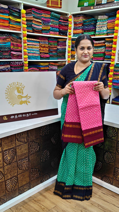 Heritage Rani Sungudi Cotton Polka Dot With Doubleside Rudraksha Border-Contrast