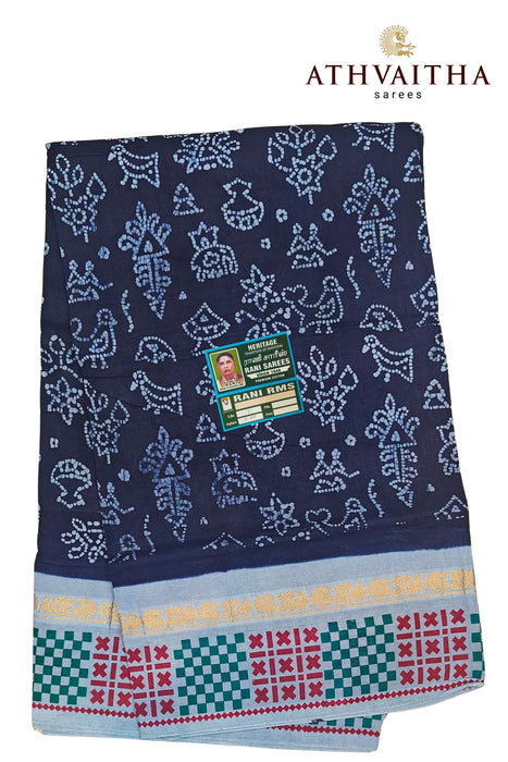 Madurai Rani Sungudi Warli Hand Block With Contrast 1"inch Zari Border