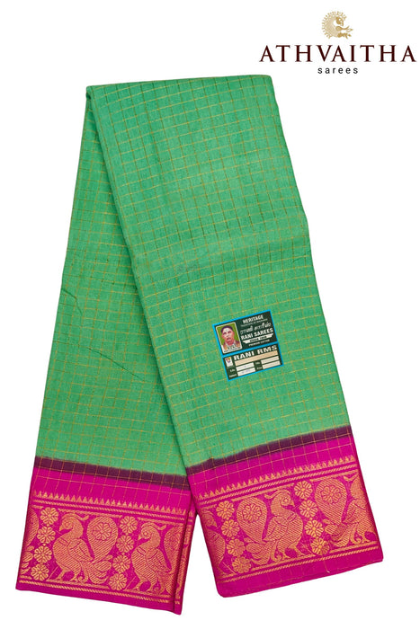 Sungudi Kattam Sarees Green With Contrast Gold Border