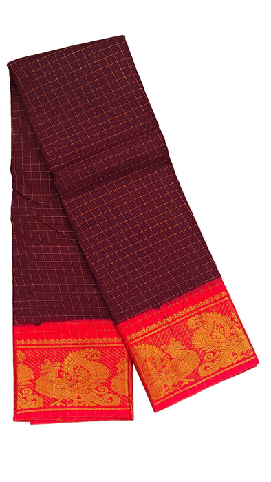 Rani Sungudi Cotton Zari Checks Contrast Double Side Boder -CoffeBrown-Red