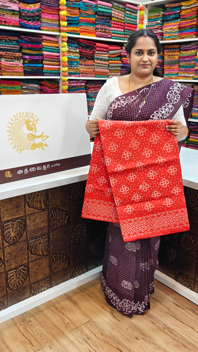 Rani Sungudi Cotton Saree Without Zari Border Flower Design Self