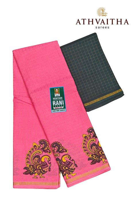 Rani Zari Checks With Kalamkari Design Contrast With Blouse