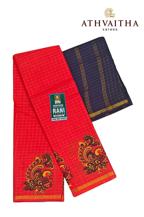 Rani Zari Checks With Kalamkari Design Contrast With Blouse