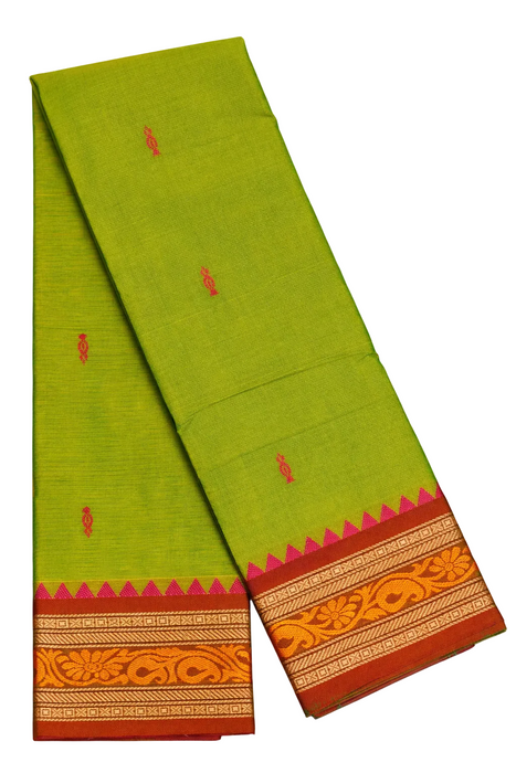 Chettinad Cotton Saree with Traditional Border - OliveGreen With Redsoil