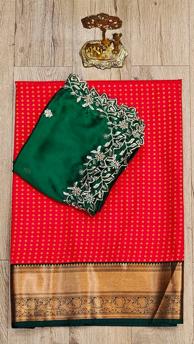 Semi Silk Half Saree Material - Red With BottleGreen