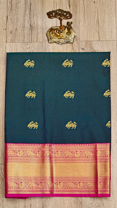 Semi Silk Half Saree Material - PeacockBlue With Pink
