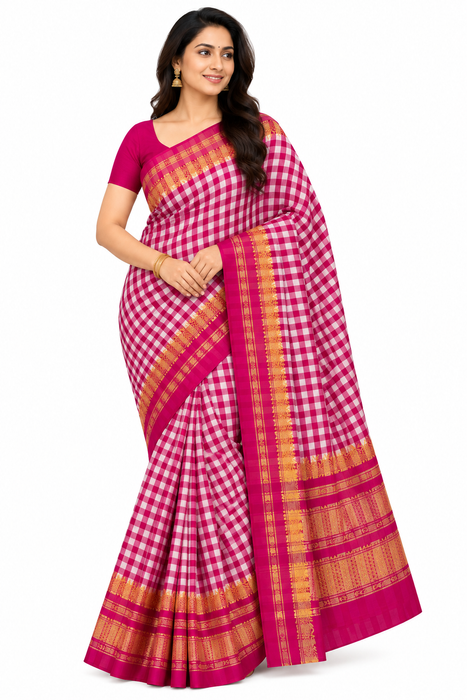 Timeless Ilkal Tradition, Woven with Zari Elegance -Rani Pink & White Checks with a Golden Zari