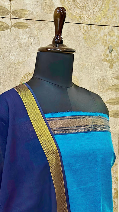 Mangalagiri Cotton Salwar Material - Light Blue With DarkBlue
