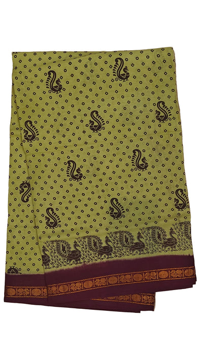 Rani Sungudi Cotton Sarees Double Side Zari Border Polka Dot With Mayil Print-Yellowishgreen-Purple