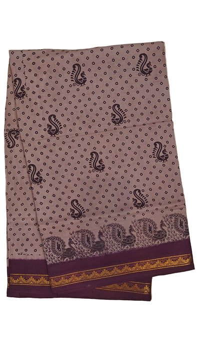 Rani Sungudi Cotton Sarees Double Side Zari Border Polka Dot With Mayil Print-chocolate-Purple