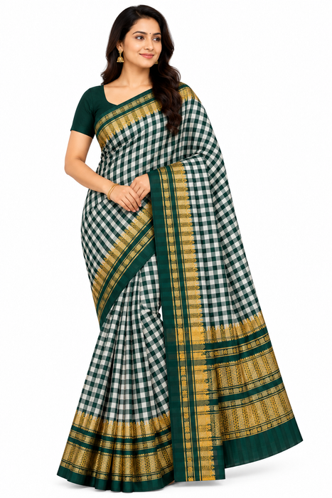 Timeless Ilkal Tradition, Woven with Zari Elegance -Dark Bottle Green & White Checks with a Golden