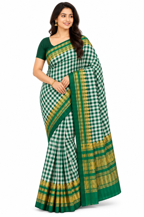 Timeless Ilkal Tradition, Woven with Zari Elegance -Emerald Green & White Checks with a Golden Zari