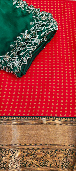Semi Silk Half Saree Material - Red With BottleGreen