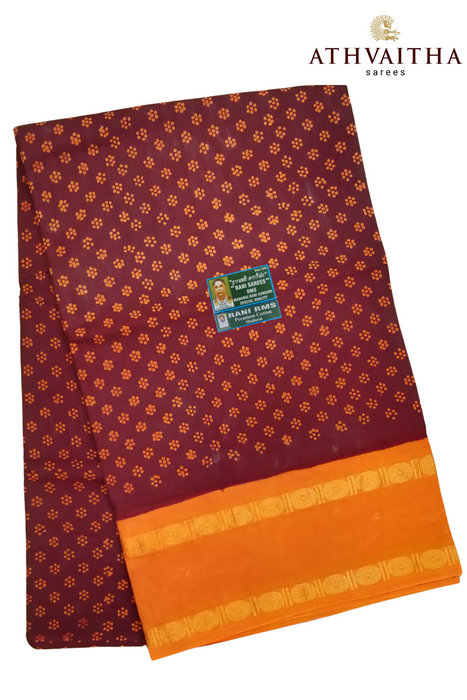 Madurai Pure Sungudi Cotton Saree With Oneside Rudraksha Border- Flower Dot Contrast